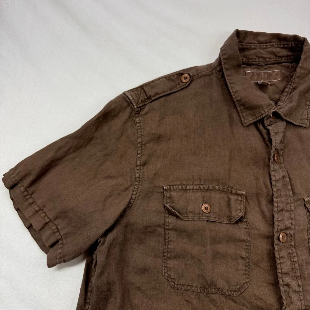 Banana Republic Mens M Brown 100% Linen Short Sleeve Military Safari Shirt